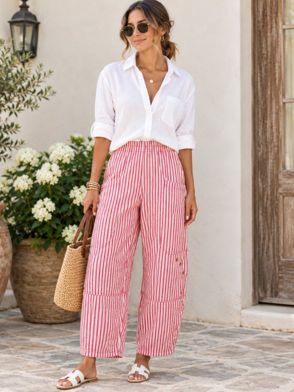 J.O.A. Women’s Striped Canvas Pants Size Small – Red & White Ticking Stripe Barr